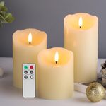 Eywamage Ivory Flameless Pillar Candles with Remote, Flickering Realistic Battery Operated LED Wax Candles Set of 3