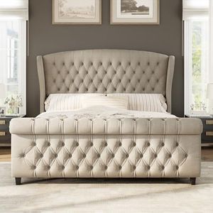 AMERLIFE California King Size Platform Bed Frame, Linen Upholstered Sleigh Bed with Scroll Wingback Headboard & Footboard/Button Tufted/No Box Spring Required/Khaki