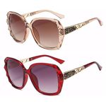 2 Pack HD Anti Glare Sunglasses with Polarized Lens for Man and Women UV Protection Trendy Oversized Sun Glasses (Champagne&Red)