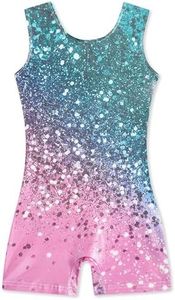 Funnycokid Gymnastics Leotards for Girls Dance Outfits Unitard Sparkly Clothes with Shorts, diamond 02, 5-6 Years