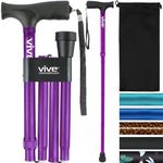 Vive Folding Cane - Foldable Walking Cane for Men Women - Fold-up Collapsible Lightweight Adjustable Portable Hand Walking Stick - Balancing Mobility Aid - Sleek Comfortable T Handles (Purple)