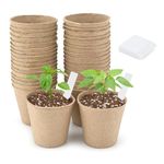 KINGLAKE 50 Pcs 6cm Small Fibre Seed Pots Biodegradable Plant Pots Round Seedling Pots with 100 Plant Labels for Growing Vegetables, Fruit, Herb, Flower