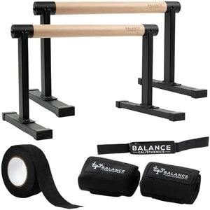 Balance Calisthenics Pro Metal Wooden Parallettes Push Up Bars Bundle With Bag, Grip Tape, Wristwraps, Paralettes, Strap | Dip Bar Handles 2pcs Paralette Handstand Non-Slip Base Exercise Handle For