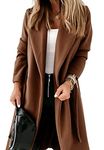 Womens Classic Coat Lapel Collar Open Front Belted Long Jacket, Brown, Medium