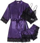 MAXMODA Women's Satin Pajamas Sets 3 Pieces Sexy Silk Lingerie Lace Sleepwear with Robe Belted Bridal Purple