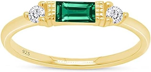 AFFY Baguette Cut Simulated Emerald And White Cubic Zirconia In 14K Yellow Gold Plated 925 Sterling Silver Three Stone Design Bridal Engagement Wedding Ring Jewelry For Women Size -7