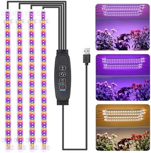 LED Grow Light Strips, Grow Lights for Indoor Plants, Full Spectrum Plant Light with 3/9/12H Timer, 10 Dimmable Levels for Seedling Succulent, Red&Blue&3000K 4 Head