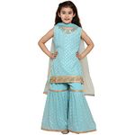 Adiva Georgette Kids Foil Print Sleeveless Kurta Sharara Set For Girls (G-1031-Firozi-38), Blue, 14-15 Years