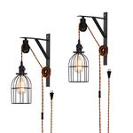 SEEBLEN Vintage Design Industrial Wheel Farmhouse Wall Mount Pulley Wall Pendant Lamp with 15-Foot Brown Plug and Switch Wall Lamp Set of 2