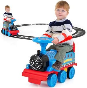 HONEY JOY Electric Ride On Train Toy with Tracks, 6V Battery Powered Train Toy with Lights & Music, Riding Train with Storage Seat, Comfortable Backrest, Anti-tilt Device, Ideal for Kids Over 3+