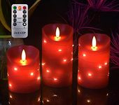 DANIP Red LED flameless Candle with Embedded Starlight String, 3 LED Candles, 10-Key Remote Control, 24-Hour Timer Function, Dancing Flame, Real Wax, Battery Powered. (Red Paraffin)