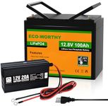 ECO-WORTHY 12V 100AH LiFePO4 Lithium Battery and 12V 20A Automatic Smart Battery Charger with BMS, Low Temperature Protection, Up to 15000+ Deep Cycles, for Trolling Motor, RV, Solar System