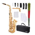 VEVOR Alto Saxophone, E Flat, Brass Saxophone Beginner Kit with Carrying Case, Mouthpiece, Straps, Cleaning Cloth Rod, Gloves, Grease, Neck Strap, 23 Keys Alto Sax Kit, for Beginners Students, Gold