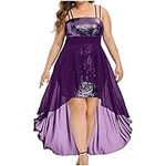 Mzkdieey Women's Plus Size Cami Dress Summer Sequin Party Cocktail Evening Midi Dresses Elegant High Low Prom Gown Club Dress Purple