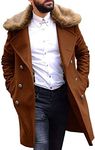 PASLTER Men's Winter Trench Overcoat Removable Faux Fur collar Top Coat Double Breasted Business Long Pea Coat Brown