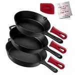 Cast Iron Skillet Set - 8" + 10" + 12"-Inch Pre-Seasoned Frying Pans + Silicone Handle Grip Covers - Indoor/Outdoor, Oven, Grill, Stovetop, BBQ, Fire and Induction Safe Kitchen and Camping Cookware