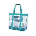 Vulken 38L Large Turquoise Mesh Beach Bag. Multipurpose Tote Bag Shoulder Bag for Picnic, Travel, Shopping and Gym. 9 Pockets Top Zip Quick Dry Swim Bag for Women and Men.