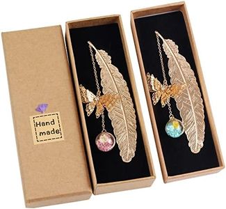 2Pcs Marque-page plume en métal,apillon en métal avec Papillon et Fleur Sèche Éternelle Perles de Verre Pendentif Idéal Cadeau pour les lecteurs