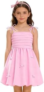 ODIZLI Girls' Cute Bow Spaghetti Strap Dress - Adjustable A-Line Bubble Party Dress for Birthday Wedding Holiday School Dance 5th 6th 8th Grade Graduation Dresses Tween Girls Clothes Pink 13-14 Years