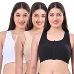Adira | Front Open Bra | Non Padded & Non Wired Bras | High Racer Back for Support & Posture | Wire-Free & Full Coverage | Front Opening | Pack of 3 | Black, Skin & White | 7XL