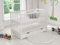 Love For Sleep DENISE Wooden Baby Cot with Drawer 120x60cm + Foam Mattress + Safety Wooden Barrier + Teething Rails (White)