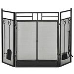 HOMCOM 3 Panel Folding Fireplace Screen with 4 Tools Set, Steel Mesh Spark Guard with Double Door for Open Fire, Log Burner, 122W x 80H cm, Black
