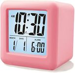 Plumeet Digital Alarm Clock Kids Alarm Clock with Snooze and Nightlight - Easy Setting Silicone Clock Display Time, Date - Loud Alarm Clock for Bedroom - Battery Powered (Baby Pink)