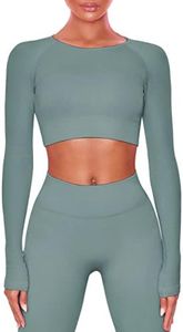 Buttergene Women Workout Sets 2 Pieces Long Sleeve Yoga Outfits Gym Clothes Seamless Ribbed Crop Top High Waist Leggings, Top+leggings-sage Green, Large