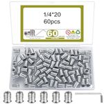 60 Pcs Threaded Inserts for Wood, 1/4 * 20 Threaded Insert Nuts for Wood, Hex Socket Screw-in Nuts, Carbon Steel Flat Head Threaded Insert Screws Rivet Nuts for Wood Furniture, with 1 x Hex Wrench