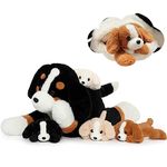 MorisMos Dog Teddy Stuffed Animal, 60cm Cuddly Mommy Dog with 4 Babies Puppy Inside Kawaii Giant Dog Plush Soft Toy Present for Kids Birthday Christmas Deco