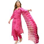 ANNI DESIGNER Women's Rayon Blend Straight Bandhej Printed Kurta with Pant & Dupatta (Baghira Pink_XXL_Pink_XX-Large)