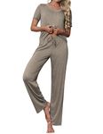 Ekouaer Women's Pajamas Set Soft 2 Piece Lounge Sets V-Neck Sleepwear Short Sleeve Top Pants with Pockets Moon Gray Medium