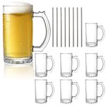 Okllen 8 Pack 16 Oz Glass Beer Mug with Handle, Large Glass Steins Beer Cups with Stainless Steel Straws, Heavy Base, Thick Drinking Glasses for Freezer, Bar, Cocktail, Alcohol, Beverages, Soda