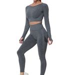 JOJOANS Gym Sets for Women 2 Piece Seamless Tracksuit Workout Yoga Outfit Loungewear Long Sleeve Crop Top High Waist Leggings(Grey, M)