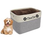 TEAYASON Personalised Dog Toy Box Storage Basket Bin with Handles, Custom Pet's Name Collapsible Food Storage Box, Storage Basket for Organizing Dog Toys, Clothes and Accessories (Grey)