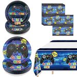 Video Game Party Decorations, Disposable 7” and 9” Plates and Napkins, Tablecloth Video Game Party Set, Gaming Birthday Party Supplies for Boys Gamers, 61 PCS