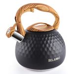 Tea Kettle, 3 Liter BELANKO Teapot Whistling Kettle with Wood Pattern Handle Loud Whistle, Food Grade Stainless Steel Tea Pot for Stovetops Induction Diamond Design Water Kettle - Black