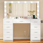 TEENFON 46" Vanity Desk with Glass Desktop and 9 Large Drawers, Makeup Vanity with 40.5" W Mirror and Power Outlet, Vanity Table with 12 LED Lights, 3 Lighting Color Adjustable for Bedroom, White