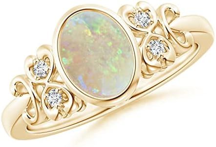 Angara Natural Opal Ring for Women | Vintage Style Bezel-Set Oval Opal Ring with Diamonds in Yellow Gold | October Birthday, Anniversary, Gemstone Jewelry Gift | AAA | 8x6mm | Ring Size- 6.5