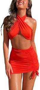 BYDIVA Sexy Halter Open Front Multi Wear Tops and Mini Skirts Sets Vacation Outfits Orange S