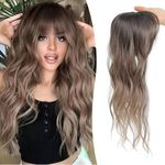 Clip in Fringe, 360° Cover Curly Fringe Bangs Hair Extensions Fake Hair Synthetic Wavy Mini Hair Topper Fringe Clip in Hair Pieces for Women Curved Fringe for Daily Use (Rich Brown with Dark Root)