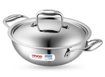 Vinod Platinum Triply Stainless Steel Kadai with Lid - 3.7 L, 28 cm | 2.5mm Thick Base, Even Heating No Hotspot, Less Oil Healthy Cooking, Heavy Bottom Induction Cookware Kadhai for Cooking & Frying
