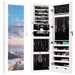 Giantex Wall Door Mount Jewelry Armoire Cabinet with 15 LED Lights, Lockable Hanging Jewelry Cabinet Organizer with Large Storage Capacity, 82 Earring Slots 60 Ring Slots 29 Hook Scarf Rod, White