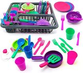 Kids Role Play Toy Set Kitchen Accessories Dish Washing Drainer 27 Pieces for Play Kitchen, Pots and Pans Plates Cutlery Playset