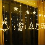 XERGY Plastic Christmas Led Curtain Lights,138 Leds Star Jingle Bell Elk Xmas Tree Window Lights 8 Mode Plug In Fairy Curtain String Lights For Home Bedroom Wedding Decoration,Warm White,3 Meters