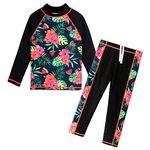 ZNYUNE Girls 2PCS Leaves Printed Swimwear Long Sleeve Swimsuit Set Kids Bathing Suit Swimming Costume for Age 3 to 10 Years S301 BlackFlower 16A