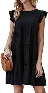 KIRUNDO Womens Dresses Summer Casual Sleeveless Ruffle Sleeve Round Neck Black Loose Short Flowy Pleated Mini Babydoll Dress(Black, Large)