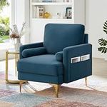 Blue Accent Chair, Wide Deep Velvet Fabric Modern Accent Sofa Chair with Arms, 2 Pocket and 2 Pillows, Comfy Sitting Upholstered Reading Armchair for Bedroom, Living Room, Small Spaces