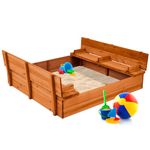 Best Choice Products 47x47in Kids Large Wooden Sandbox for Backyard, Outdoor Play w/Cedar Wood, 2 Foldable Bench Seats, Sand Protection, Bottom Liner - Brown