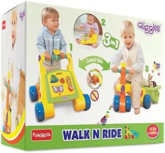 Giggles Funskool Walk N Drive, 3in1 Fun & Development Activity Toy for Babies, Encourage Walking, Improve Balance & Coordination, Stimulate Senses, Multicolour, Gift Set for Kids, Ages 9+ Months